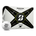 Bridgestone golf ball packaging with a white golf ball in front on a white background