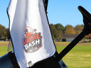 Custom magnetic golf towel attached to a golf cart